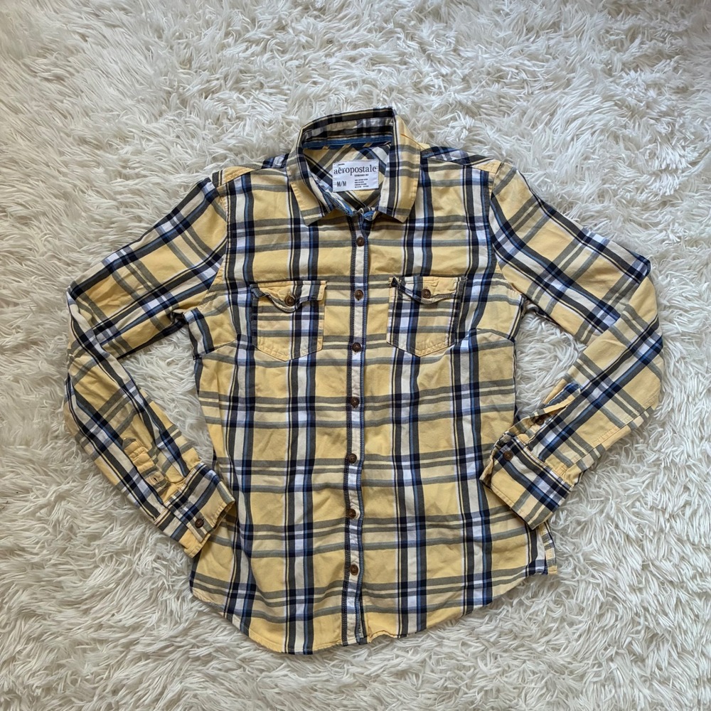 Y2K Aeropostale Women Yellow Plaid Button Down Flannel Long Sleeve Cotton Medium